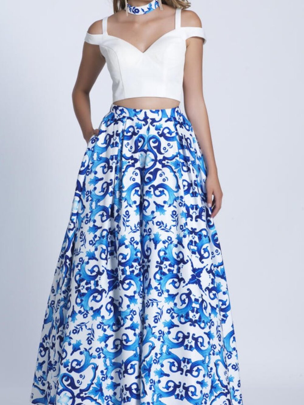 DAVE AND JOHNNY 3473 BLUE PRINT SIZE 6 TWO PIECE BALLGOWN FORMAL PROM DRESS